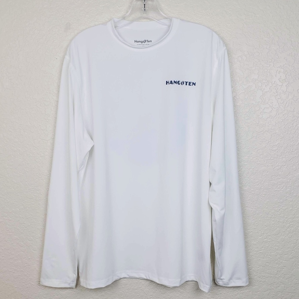 Men's Hang Ten White Crew Neck Long Sleeve UPF 50+ Quick Dry Graphic T-Shirt - Picture 3 of 9